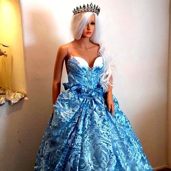 "PAULETTE" Blue & White Lace & Tulle Wedding Ballgown Set - Picture 1 of 14